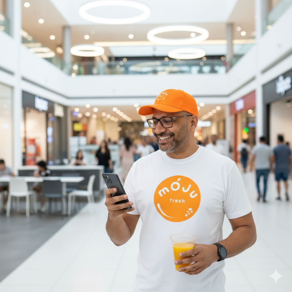 Mojufresh franchise customer checking his phone while holding a fresh orange juice at a shopping mall