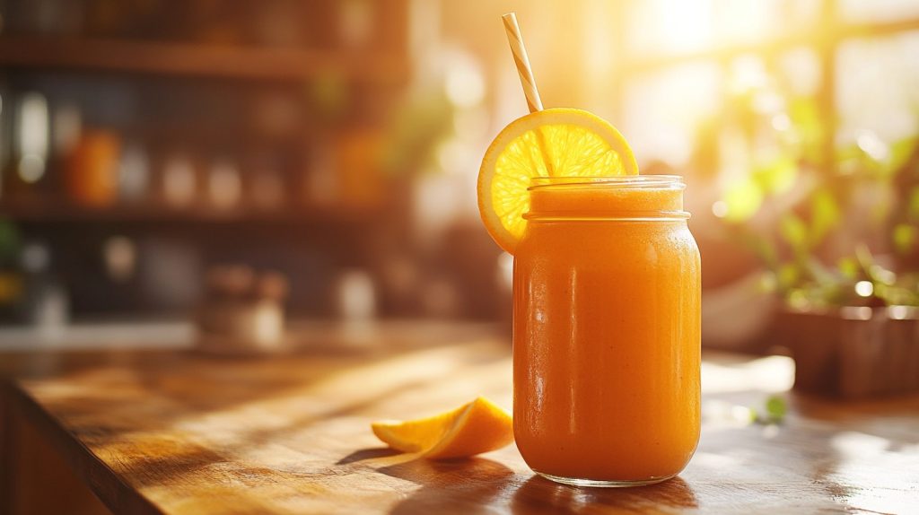 Fresh orange smoothie in a mason jar with a straw and orange wedge
