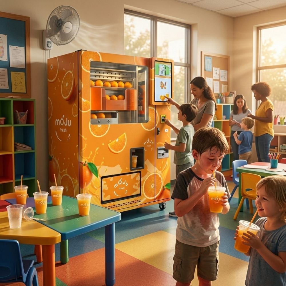 Hygienic juice vending machine dispensing fresh orange juice