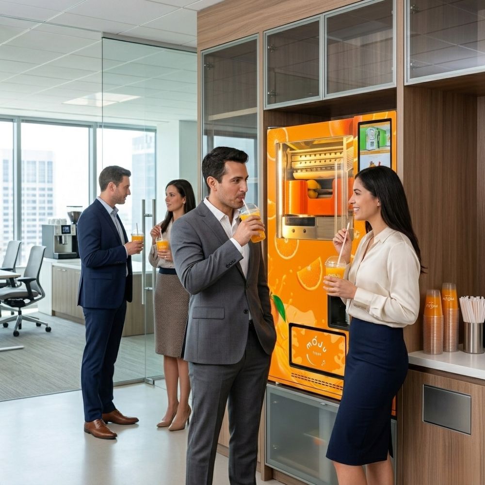 Entrepreneurs reviewing Mojufresh franchise earnings at a vending machine