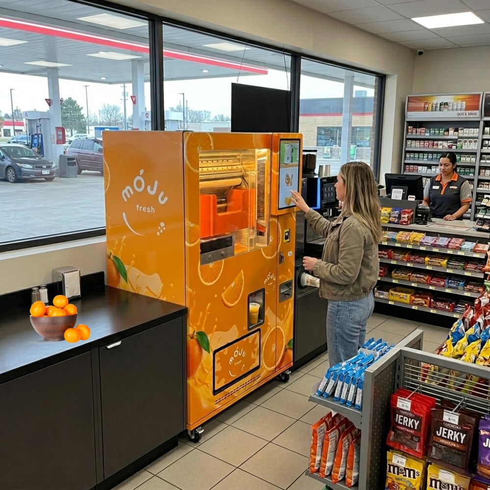 Mojufresh vending machine in a busy retail juice vending machine location