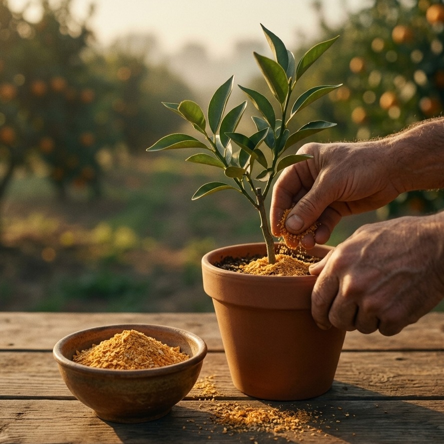 Hands composting orange peels at home into a potted citrus sapling